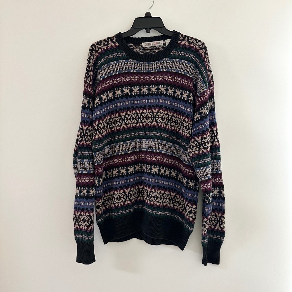 Vintage Northern Isles Fair Isle Sweater Men Large Cotton Nordic Geometric Aztec